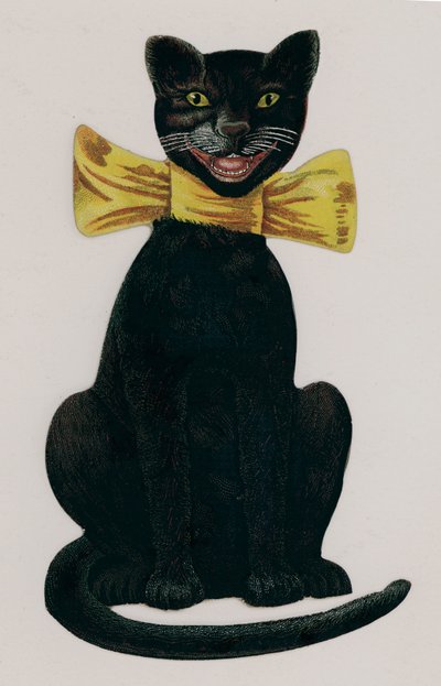 Black Cat Wearing a Yellow Bow by American School